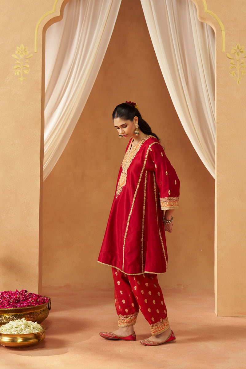 Maahgul Deep Red Kalidaar Chauga with Salwar with Dupatta silk chanderi kurta/kurta set by SHEETAL BATRA in red for women Worldwide