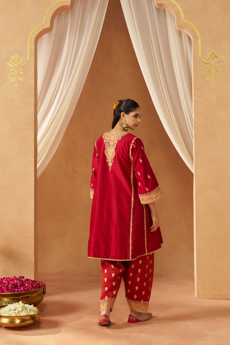 Maahgul Deep Red Kalidaar Chauga with Salwar with Dupatta silk chanderi kurta/kurta set by SHEETAL BATRA in red for women Worldwide