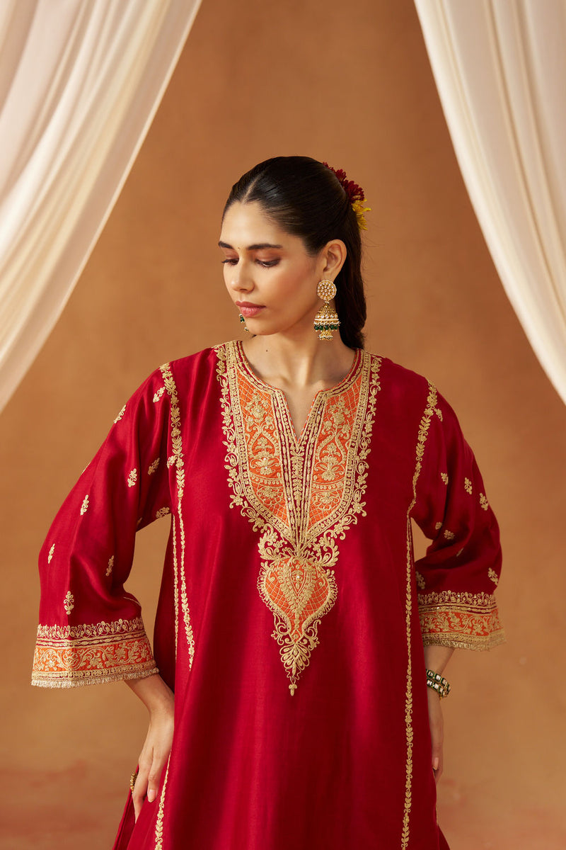 Maahgul Deep Red Kalidaar Chauga with Salwar with Dupatta silk chanderi kurta/kurta set by SHEETAL BATRA in red for women Worldwide