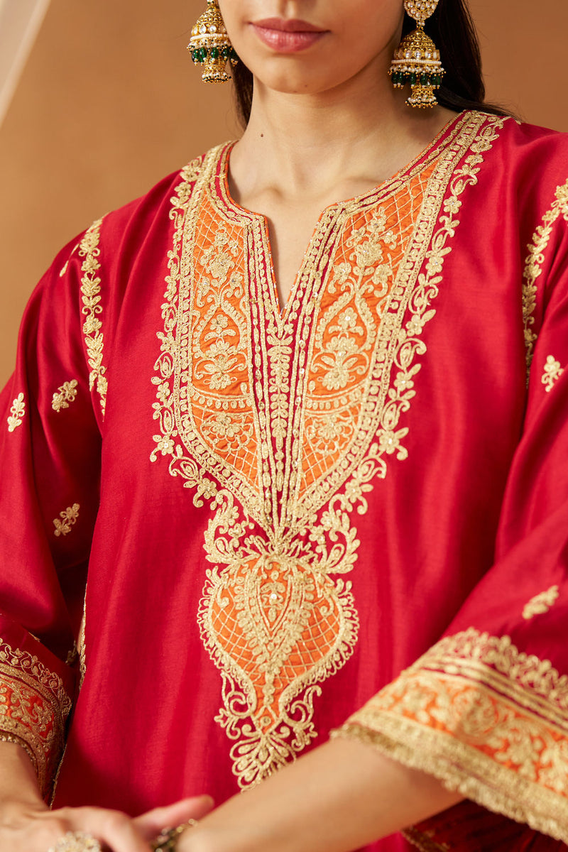 Maahgul Deep Red Kalidaar Chauga with Salwar with Dupatta silk chanderi kurta/kurta set by SHEETAL BATRA in red for women Worldwide