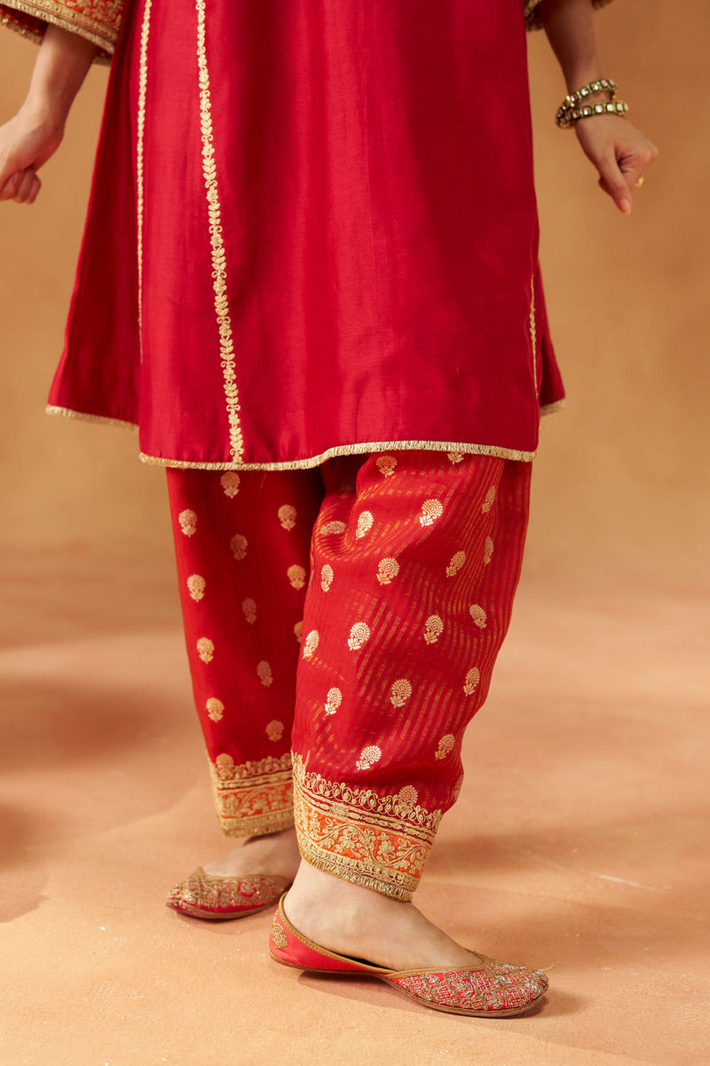 Maahgul Deep Red Kalidaar Chauga with Salwar with Dupatta silk chanderi kurta/kurta set by SHEETAL BATRA in red for women Worldwide