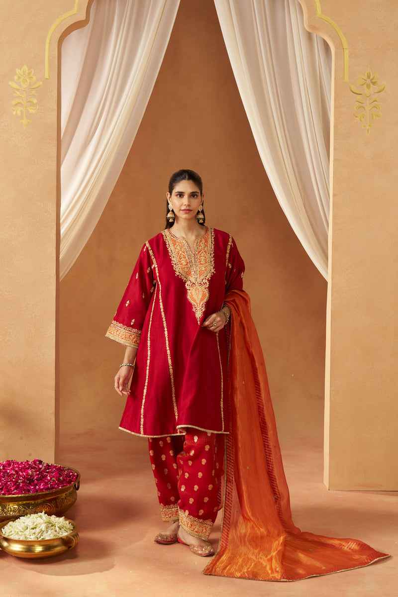 Maahgul Deep Red Kalidaar Chauga with Salwar with Dupatta silk chanderi kurta/kurta set by SHEETAL BATRA in red for women Worldwide