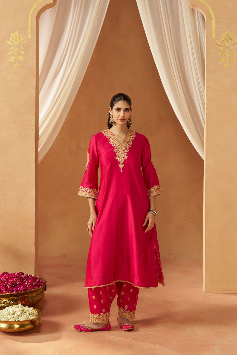 Liana Hotpink with Dupatta Chauga and Dupatta silk chanderi kurta/kurta set by SHEETAL BATRA in pink for women Worldwide