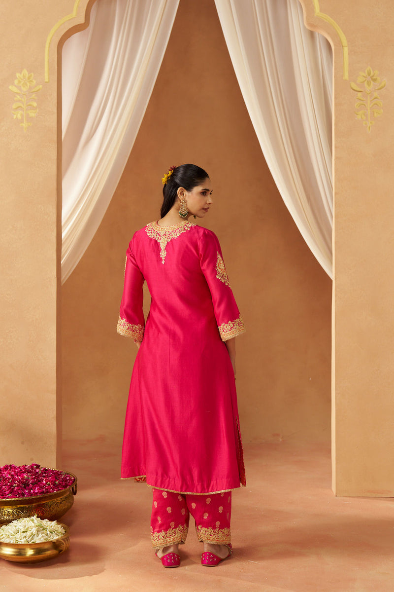 Liana Hotpink with Dupatta Chauga and Dupatta silk chanderi kurta/kurta set by SHEETAL BATRA in pink for women Worldwide