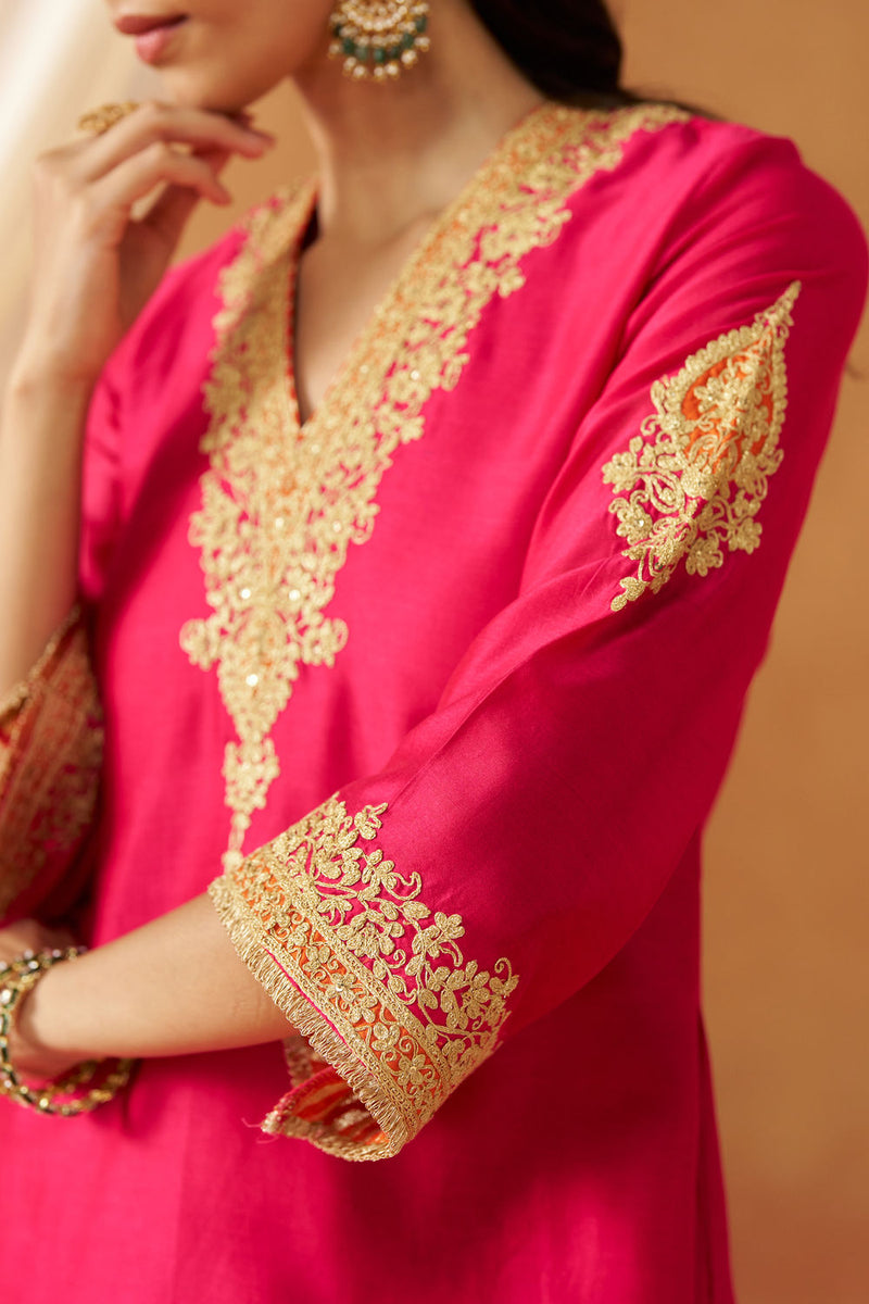 Liana Hotpink with Dupatta Chauga and Dupatta silk chanderi kurta/kurta set by SHEETAL BATRA in pink for women Worldwide