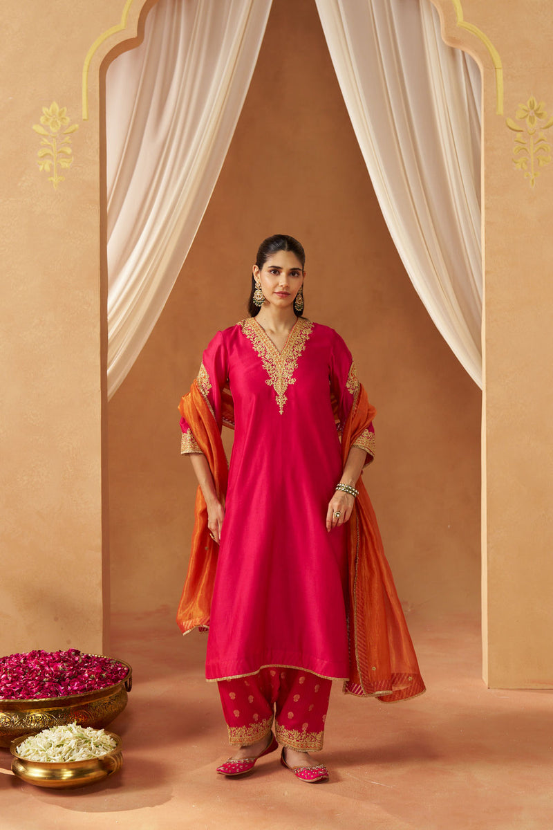 Liana Hotpink with Dupatta Chauga and Dupatta silk chanderi kurta/kurta set by SHEETAL BATRA in pink for women Worldwide