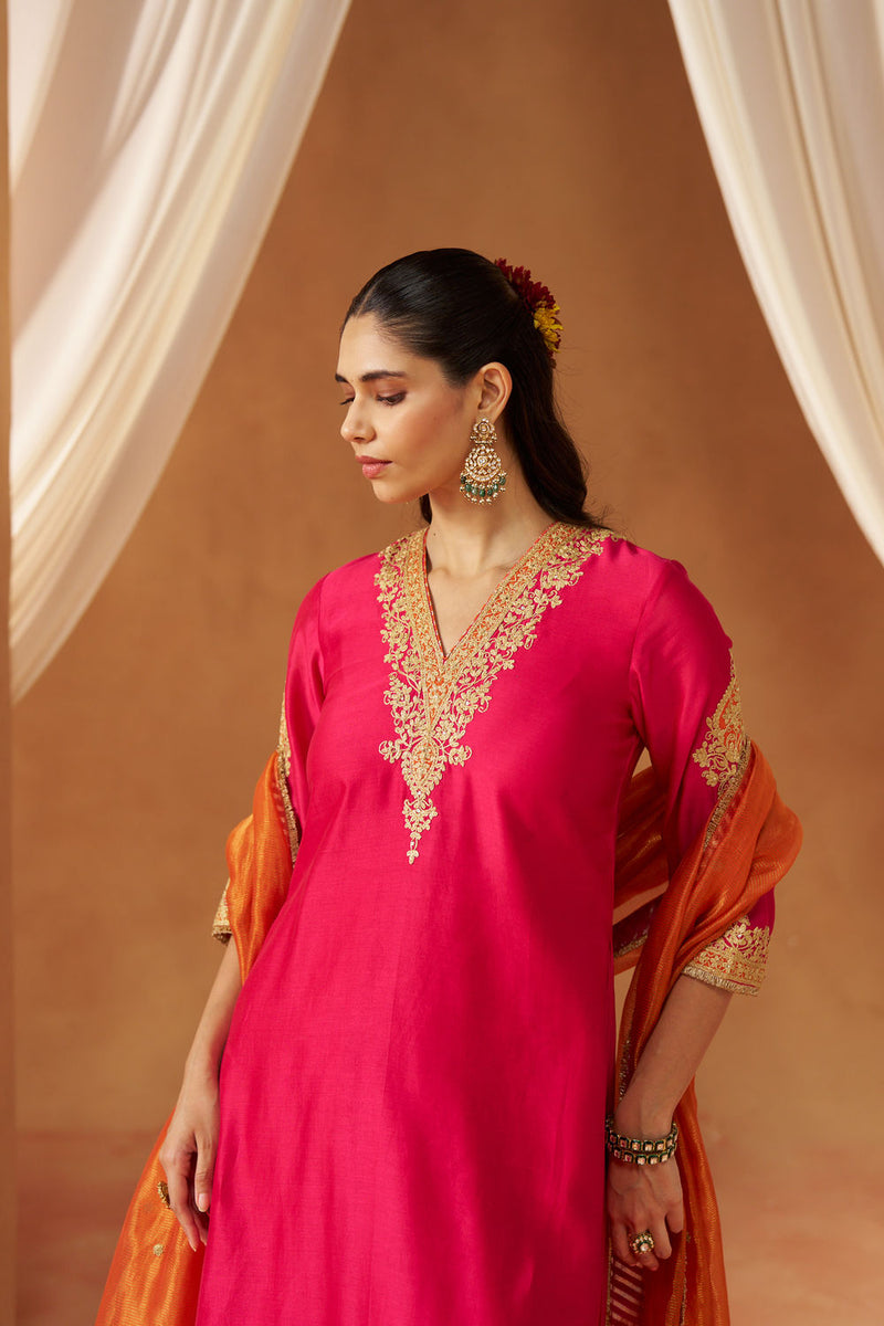 Liana Hotpink with Dupatta Chauga and Dupatta silk chanderi kurta/kurta set by SHEETAL BATRA in pink for women Worldwide
