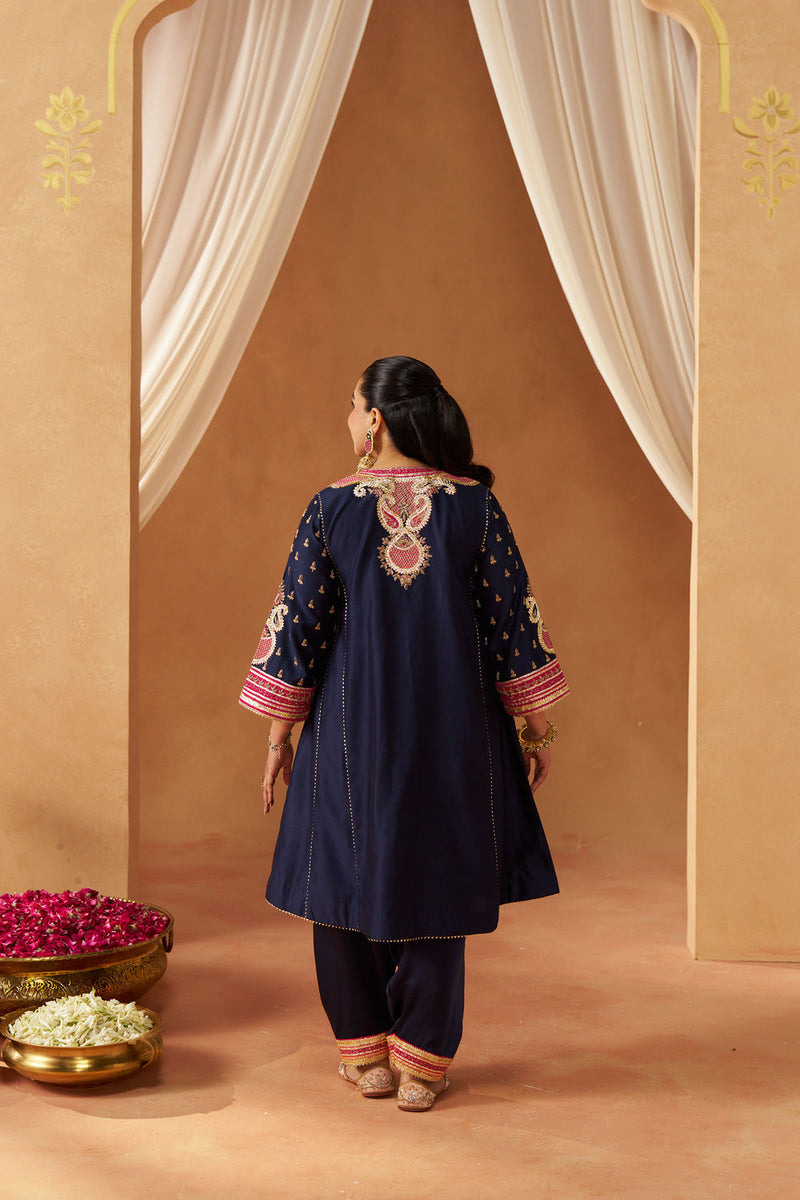 Riva deep blue chauga with salwar silk chanderi kurta/kurta set by SHEETAL BATRA in blue for women Worldwide