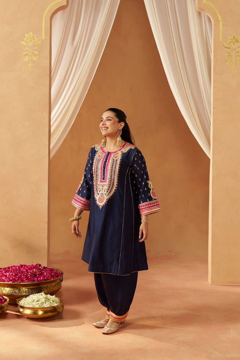 Riva deep blue chauga with salwar silk chanderi kurta/kurta set by SHEETAL BATRA in blue for women Worldwide