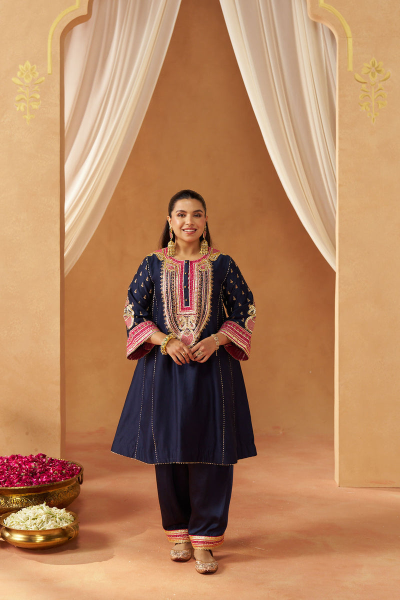 Riva deep blue chauga with salwar silk chanderi kurta/kurta set by SHEETAL BATRA in blue for women Worldwide