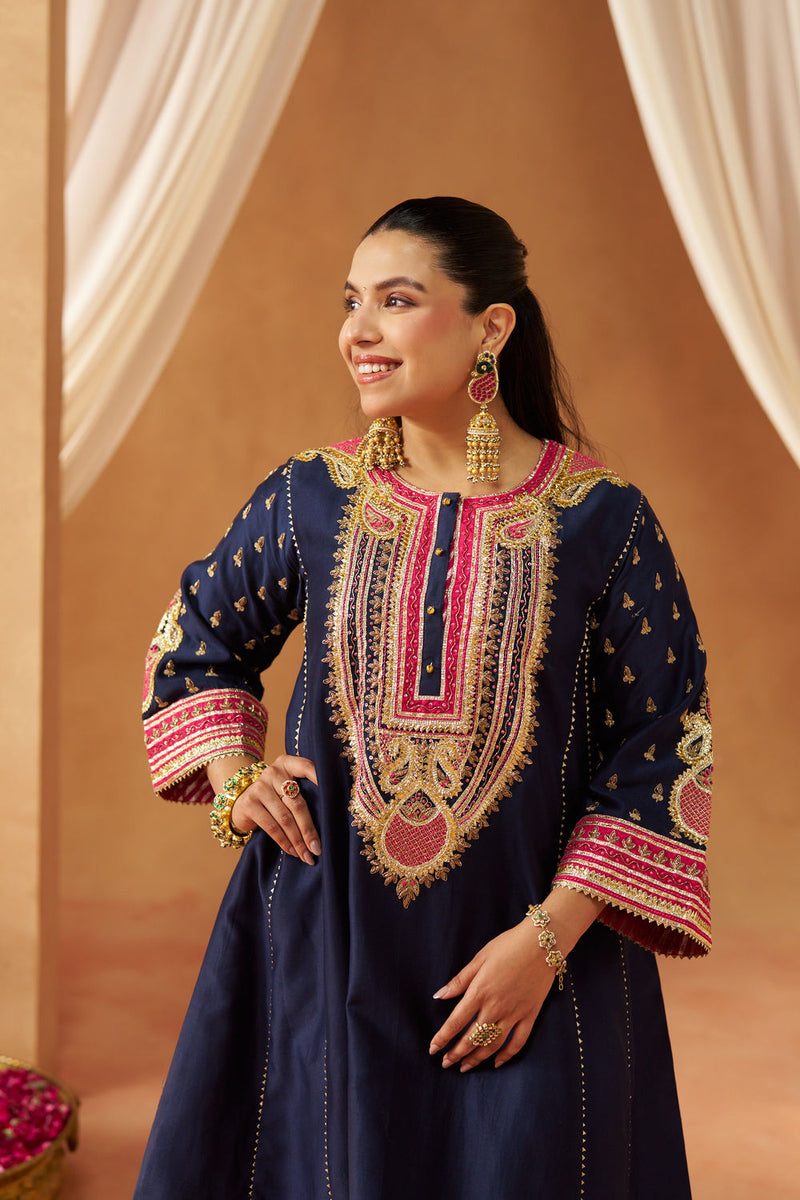 Riva deep blue chauga with salwar silk chanderi kurta/kurta set by SHEETAL BATRA in blue for women Worldwide