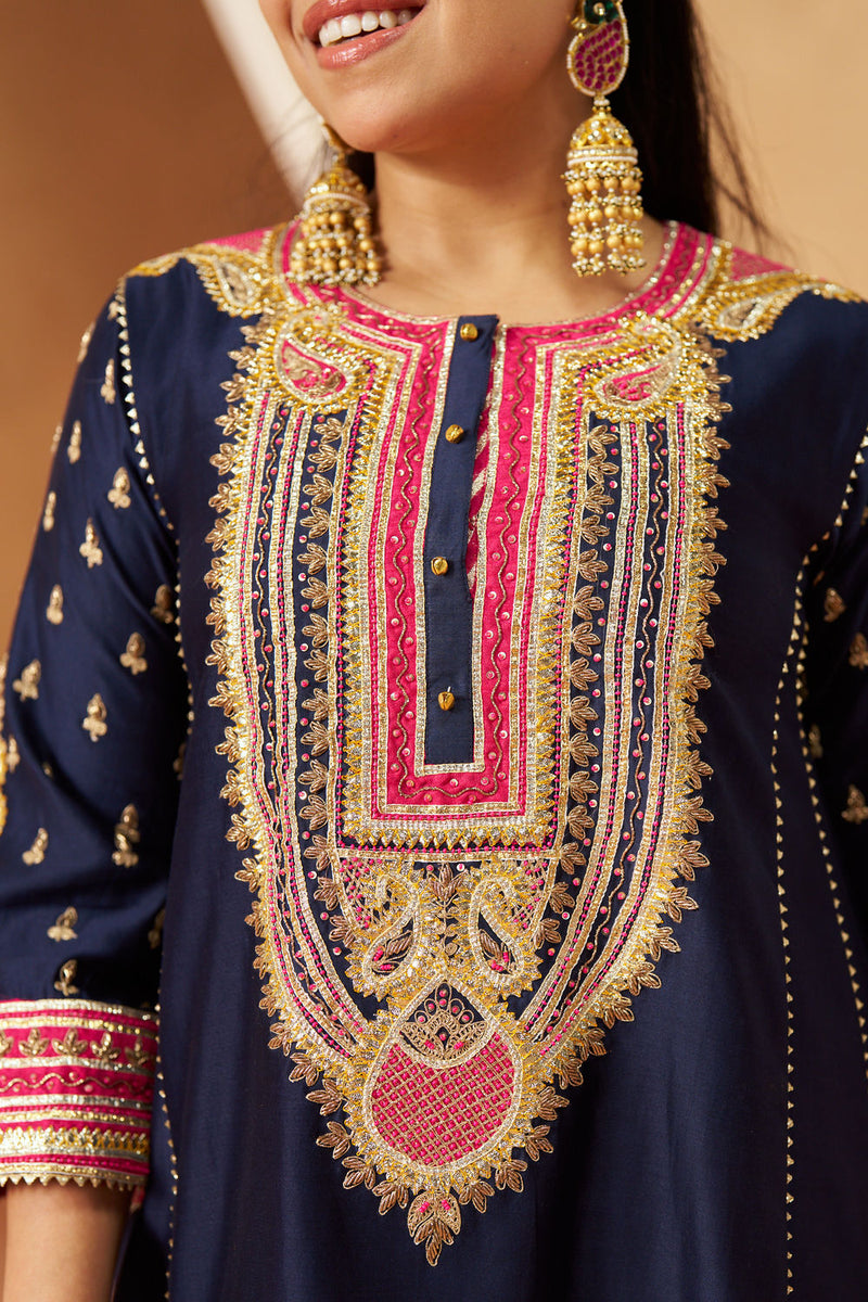 Riva deep blue chauga with salwar silk chanderi kurta/kurta set by SHEETAL BATRA in blue for women Worldwide