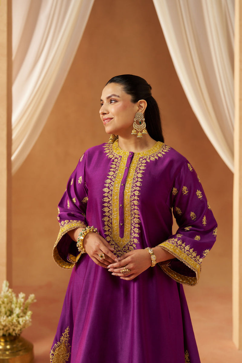 Zeenal Deep Purple A-Line Kaaftan with Salwar with Dupatta silk chanderi kurta/kurta set by SHEETAL BATRA in purple for women Worldwide