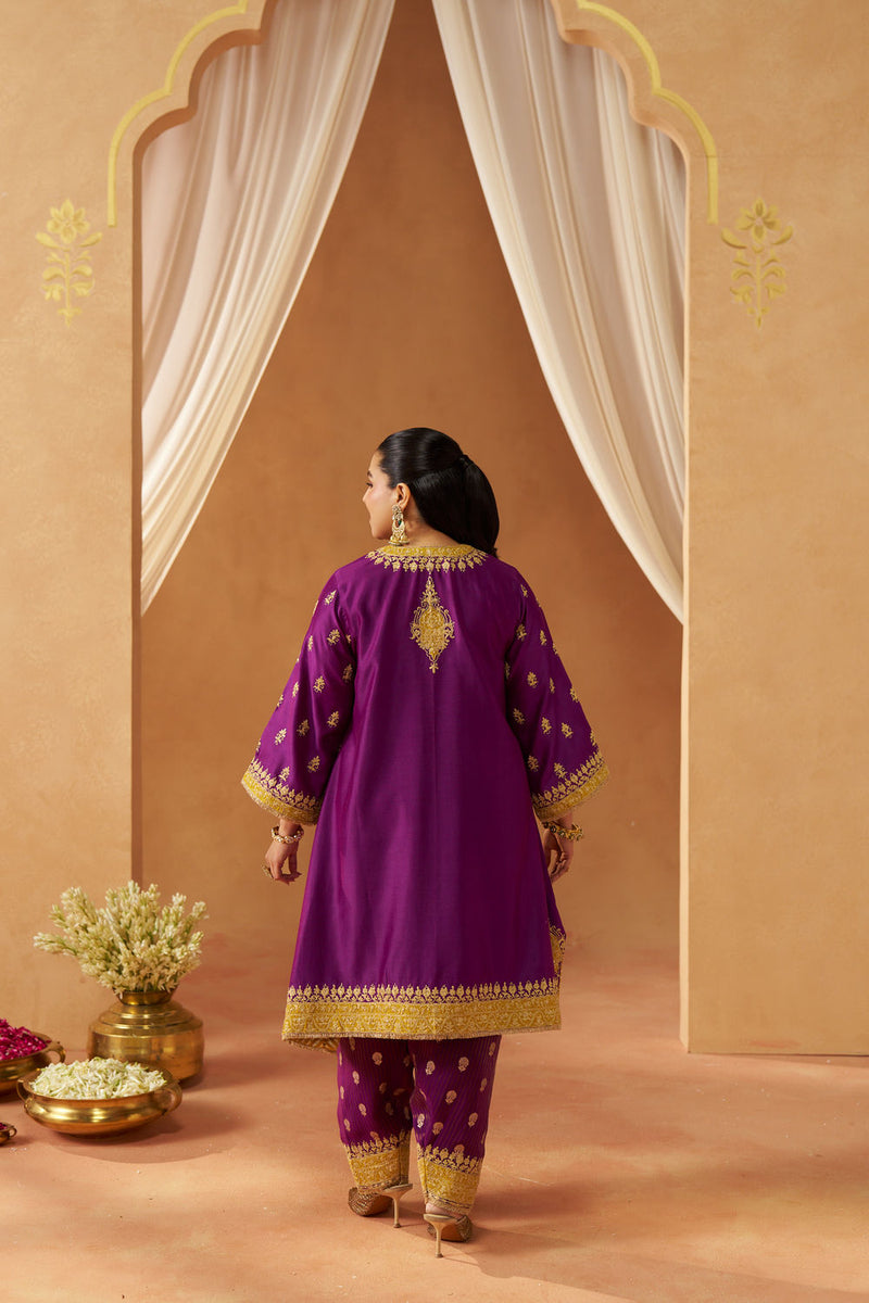 Zeenal Deep Purple A-Line Kaaftan with Salwar with Dupatta silk chanderi kurta/kurta set by SHEETAL BATRA in purple for women Worldwide