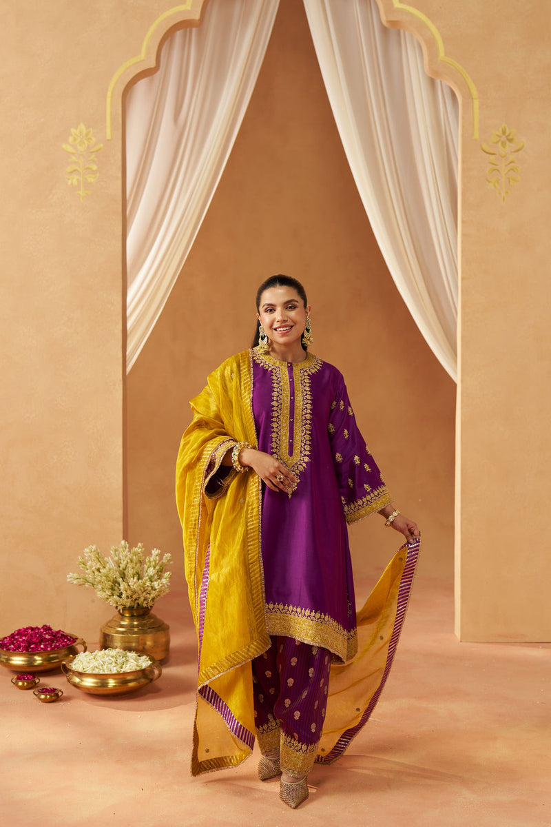 Zeenal Deep Purple A-Line Kaaftan with Salwar with Dupatta silk chanderi kurta/kurta set by SHEETAL BATRA in purple for women Worldwide