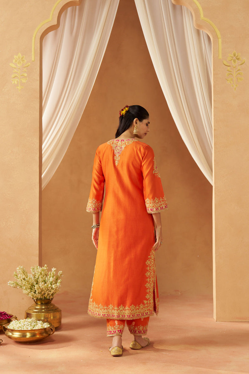 Mubina Burnt Orange Kurta with Salwar and Dupatta silk chanderi kurta/kurta set by SHEETAL BATRA in orange for women Worldwide