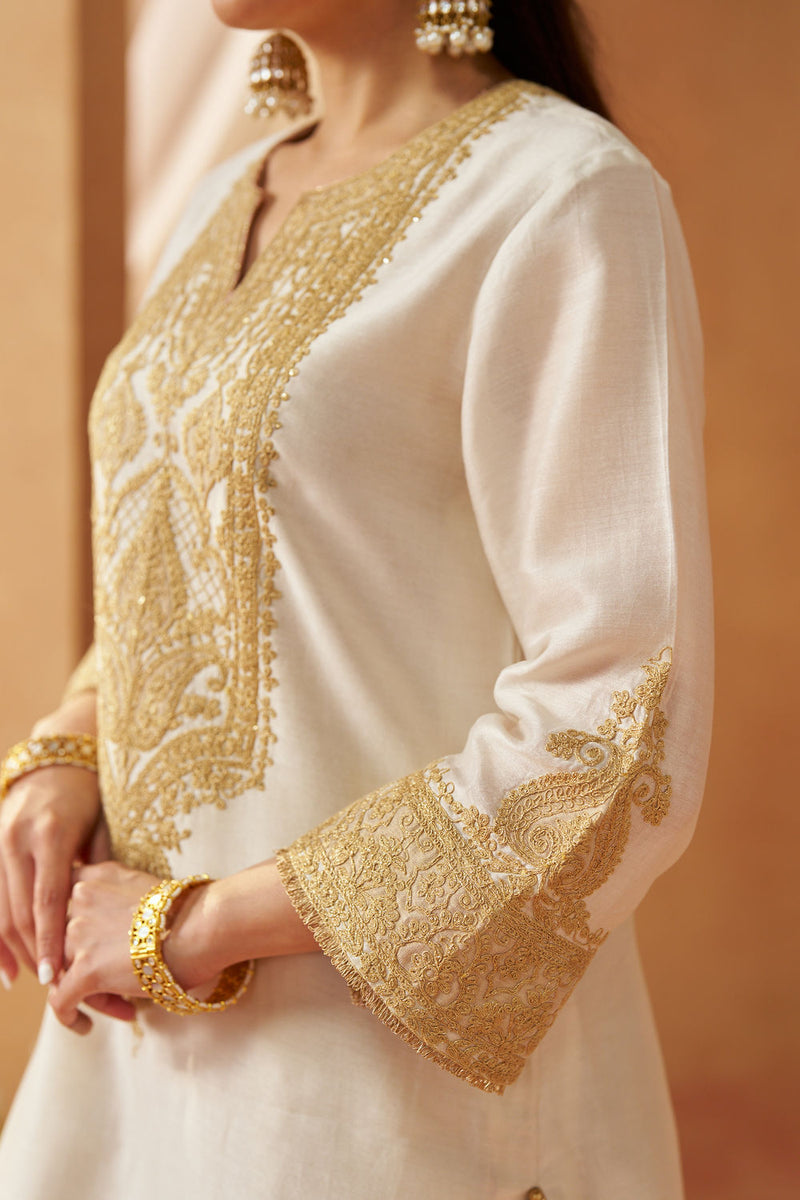 Adeela Daisy Ivory Kurta with Salwar and Dupatta silk chanderi kurta/kurta set by SHEETAL BATRA in ivory for women Worldwide