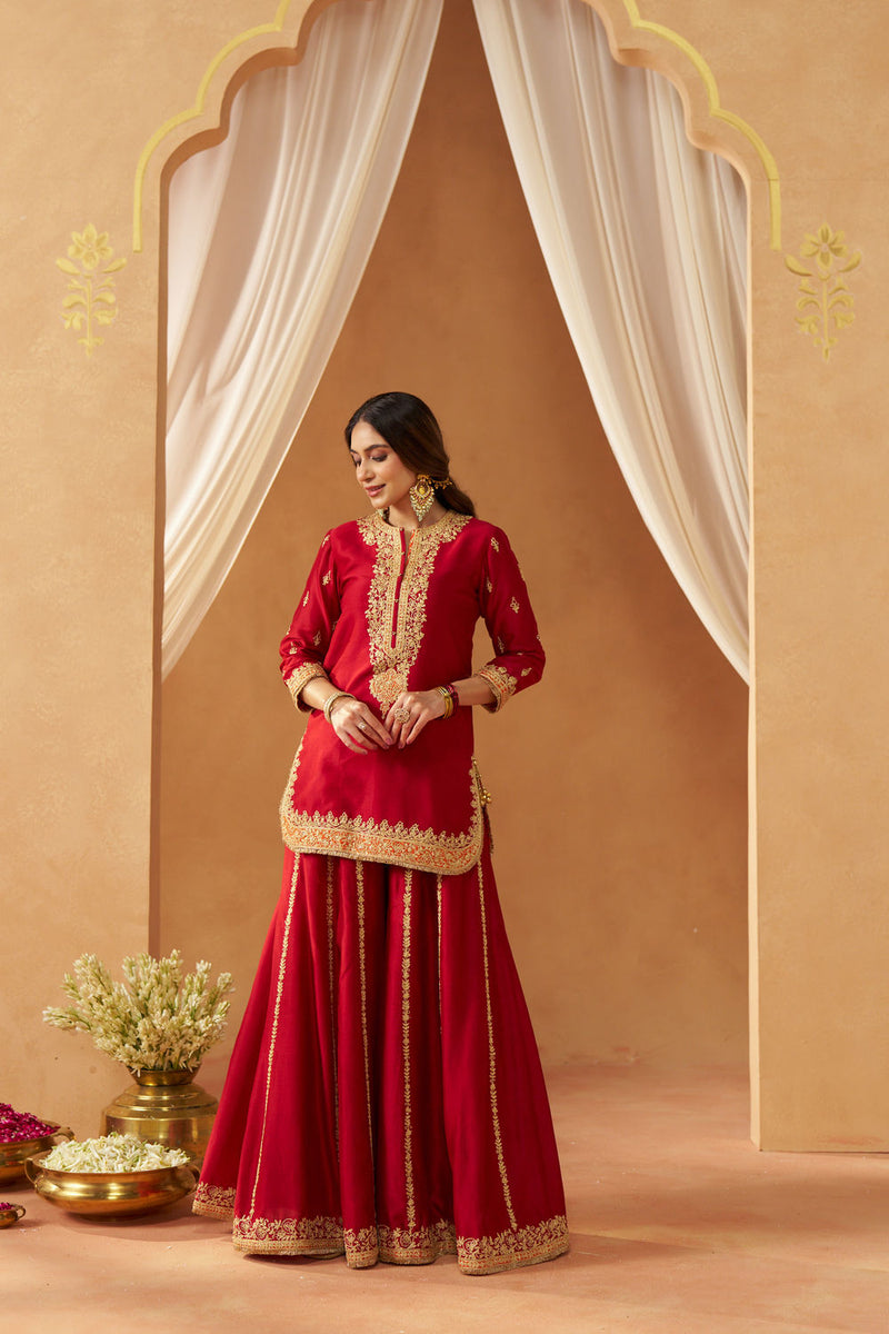 Fadiya Deep Red Kurta with Sharara and Dupatta silk chanderi kurta/kurta set by SHEETAL BATRA in red for women Worldwide