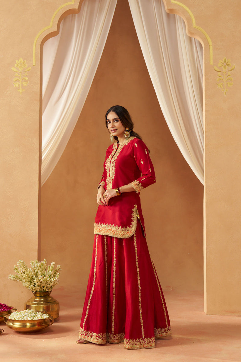 Fadiya Deep Red Kurta with Sharara and Dupatta silk chanderi kurta/kurta set by SHEETAL BATRA in red for women Worldwide