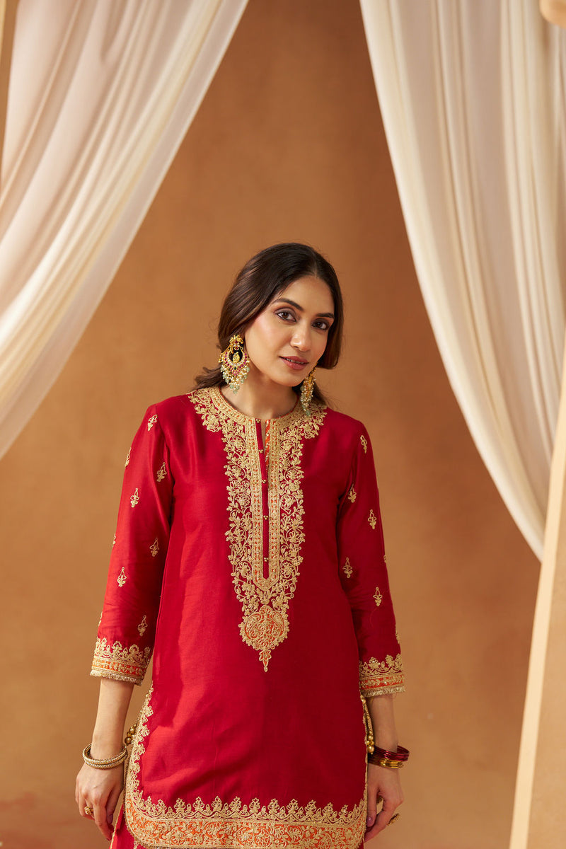 Fadiya Deep Red Kurta with Sharara and Dupatta silk chanderi kurta/kurta set by SHEETAL BATRA in red for women Worldwide