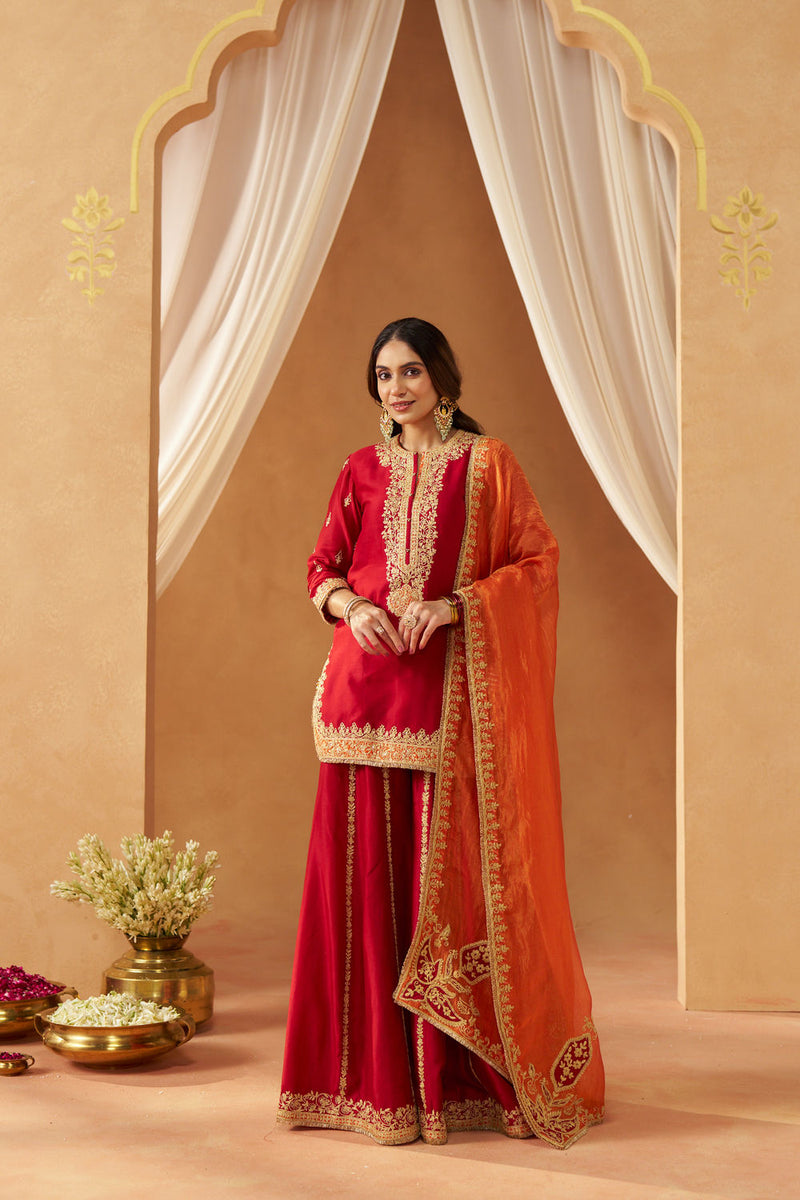 Fadiya Deep Red Kurta with Sharara and Dupatta silk chanderi kurta/kurta set by SHEETAL BATRA in red for women Worldwide