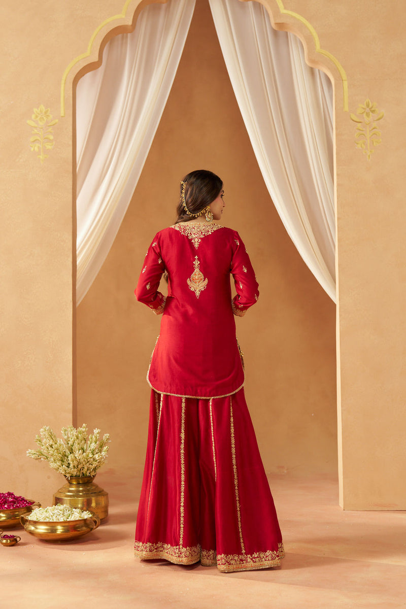 Fadiya Deep Red Kurta with Sharara and Dupatta silk chanderi kurta/kurta set by SHEETAL BATRA in red for women Worldwide