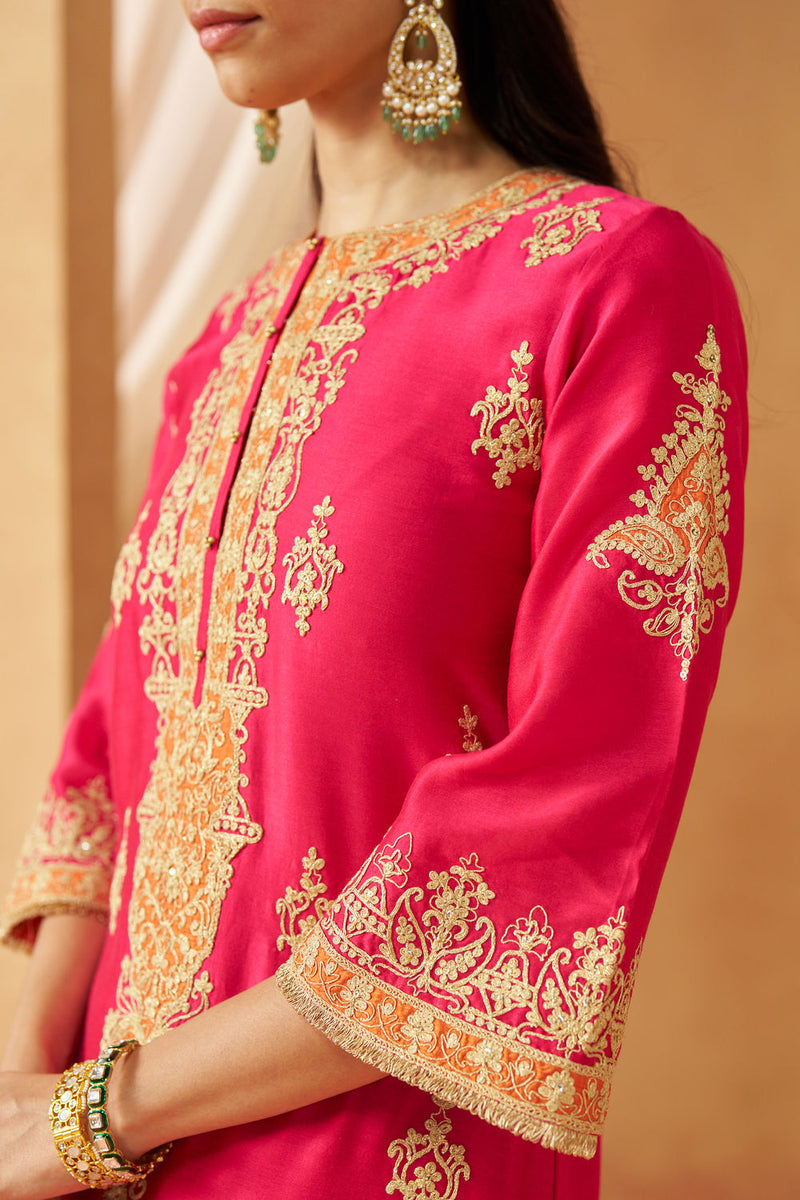 Mubina Hotpink Kurta with Salwar and Dupatta silk chanderi kurta/kurta set by SHEETAL BATRA in pink for women Worldwide
