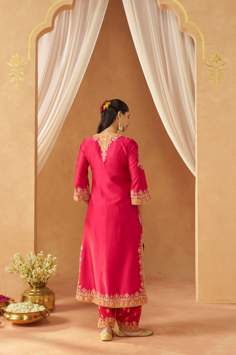 Mubina Hotpink Kurta with Salwar and Dupatta silk chanderi kurta/kurta set by SHEETAL BATRA in pink for women Worldwide