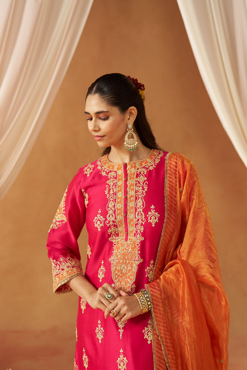 Mubina Hotpink Kurta with Salwar and Dupatta silk chanderi kurta/kurta set by SHEETAL BATRA in pink for women Worldwide