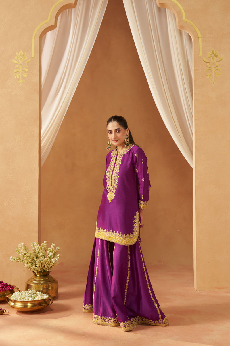 Fadiya Deep Purple Kurta with Sharara and Dupatta silk chanderi kurta/kurta set by SHEETAL BATRA in purple for women Worldwide