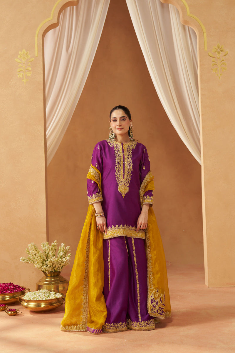 Fadiya Deep Purple Kurta with Sharara and Dupatta silk chanderi kurta/kurta set by SHEETAL BATRA in purple for women Worldwide
