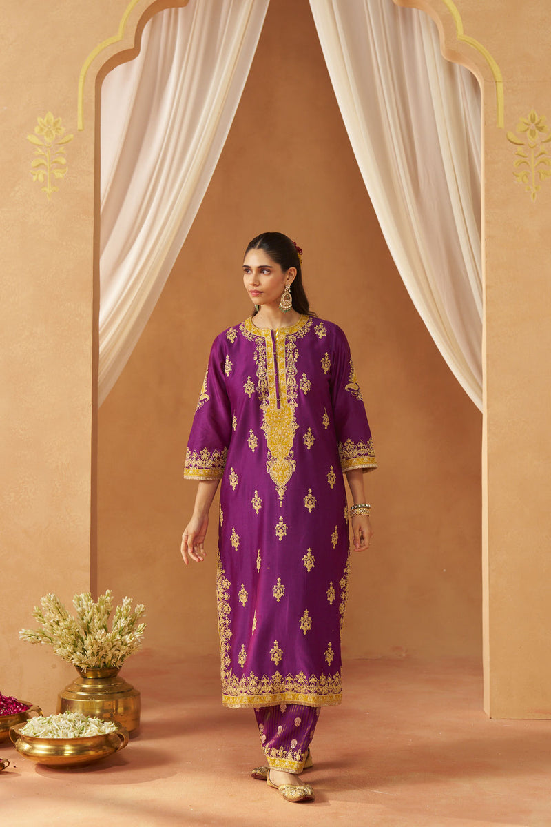 Mubina Deep Purple Kurta with Salwar and Dupatta silk chanderi kurta/kurta set by SHEETAL BATRA in purple for women Worldwide