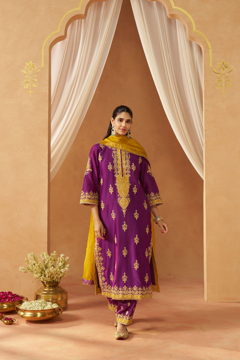 Mubina Deep Purple Kurta with Salwar and Dupatta silk chanderi kurta/kurta set by SHEETAL BATRA in purple for women Worldwide