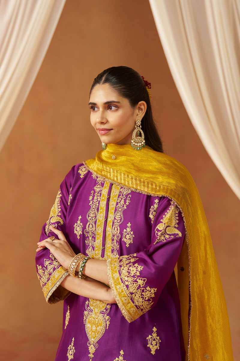 Mubina Deep Purple Kurta with Salwar and Dupatta silk chanderi kurta/kurta set by SHEETAL BATRA in purple for women Worldwide