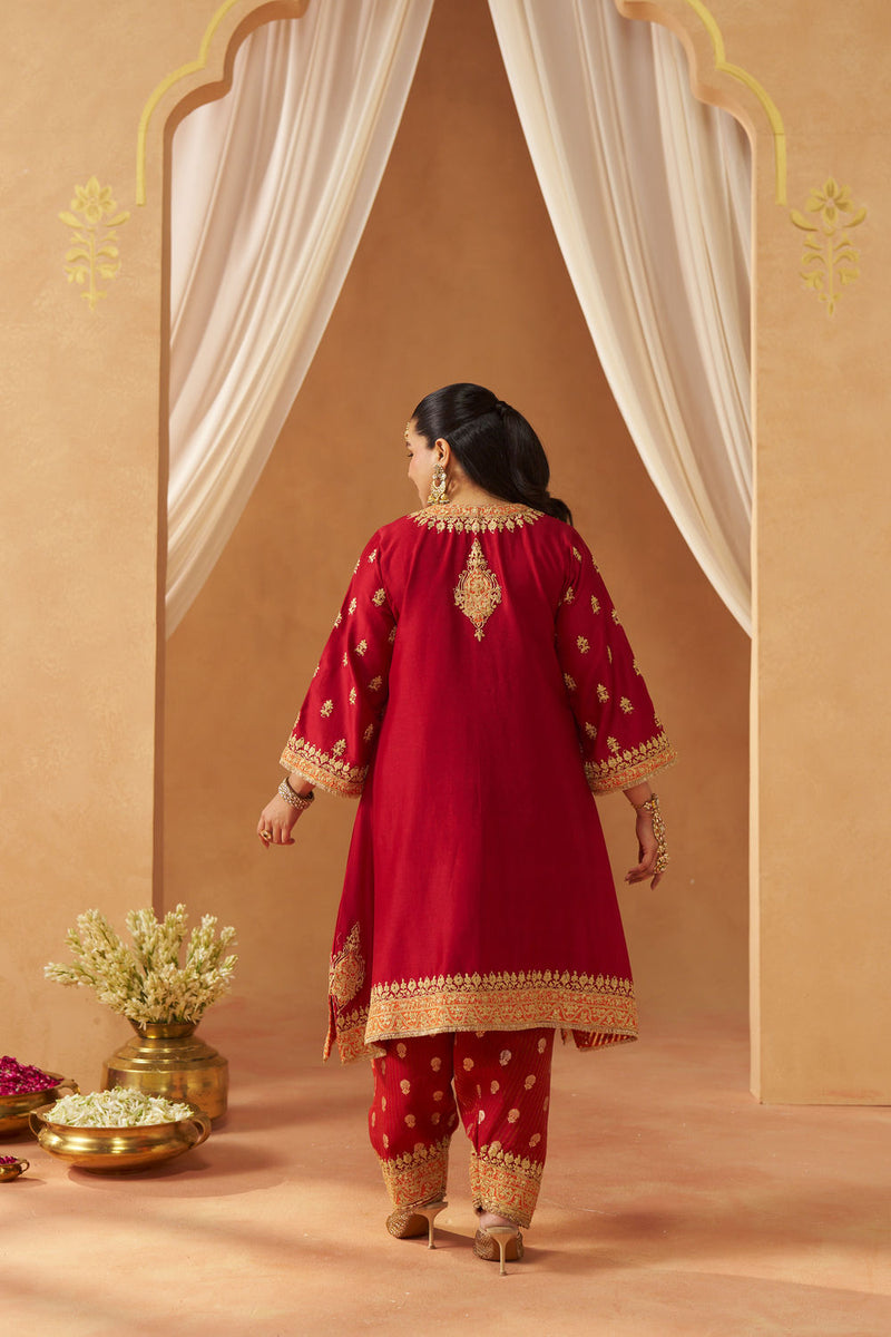 Zeenal Deep Red A-Line Kaaftan with Salwar with Dupatta silk chanderi kurta/kurta set by SHEETAL BATRA in red for women Worldwide