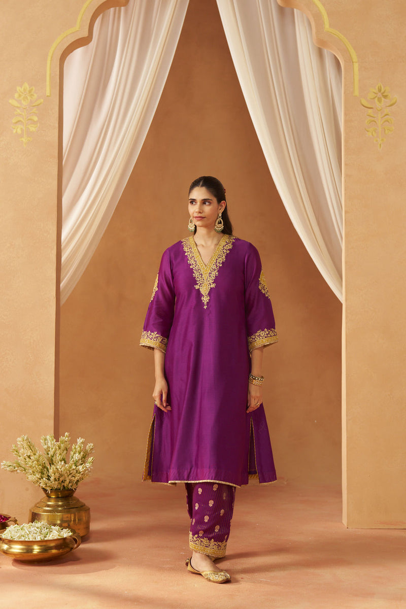 Liana Deep Purple Chauga with Salwar and Dupatta silk chanderi kurta/kurta set by SHEETAL BATRA in purple for women Worldwide