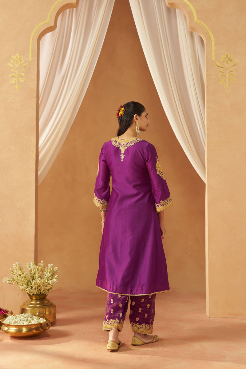 Liana Deep Purple Chauga with Salwar and Dupatta silk chanderi kurta/kurta set by SHEETAL BATRA in purple for women Worldwide
