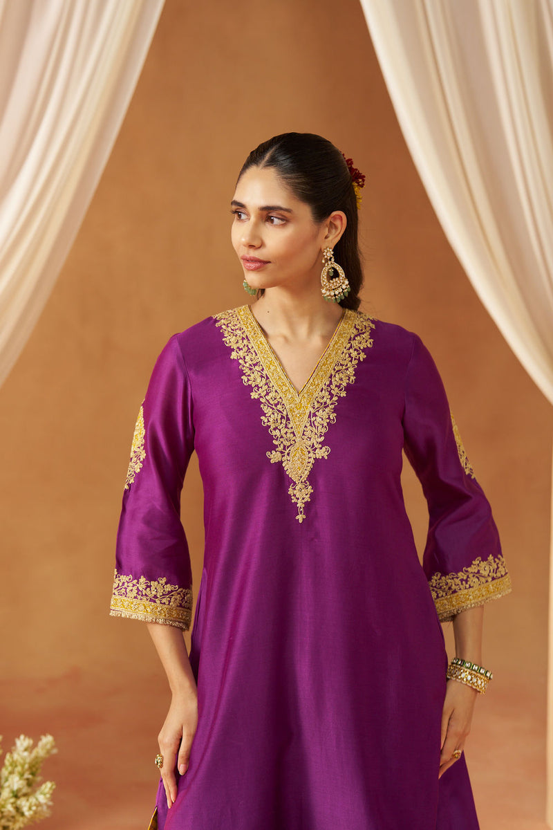 Liana Deep Purple Chauga with Salwar and Dupatta silk chanderi kurta/kurta set by SHEETAL BATRA in purple for women Worldwide