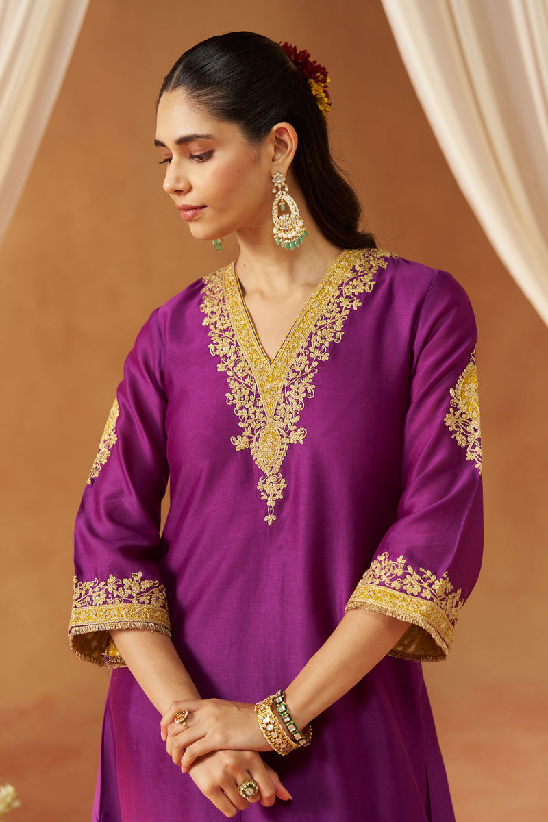 Liana Deep Purple Chauga with Salwar and Dupatta silk chanderi kurta/kurta set by SHEETAL BATRA in purple for women Worldwide