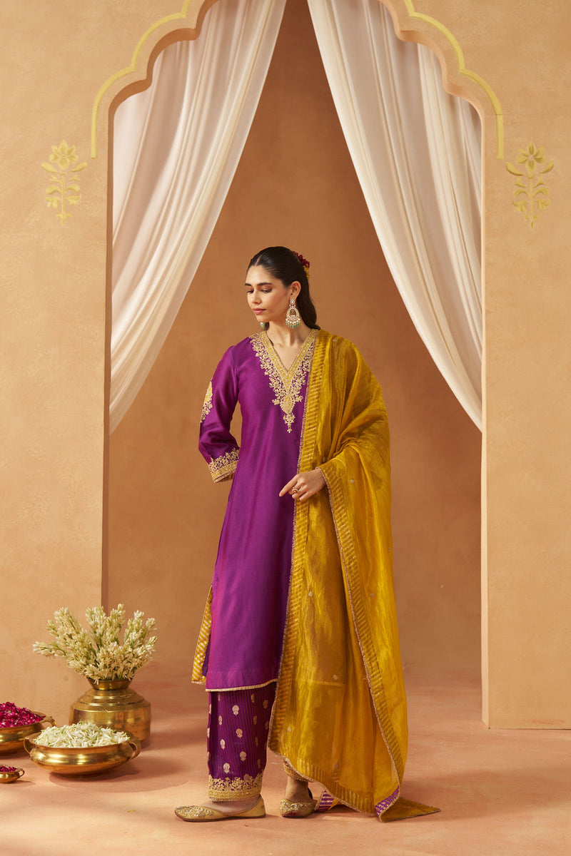 Liana Deep Purple Chauga with Salwar and Dupatta silk chanderi kurta/kurta set by SHEETAL BATRA in purple for women Worldwide