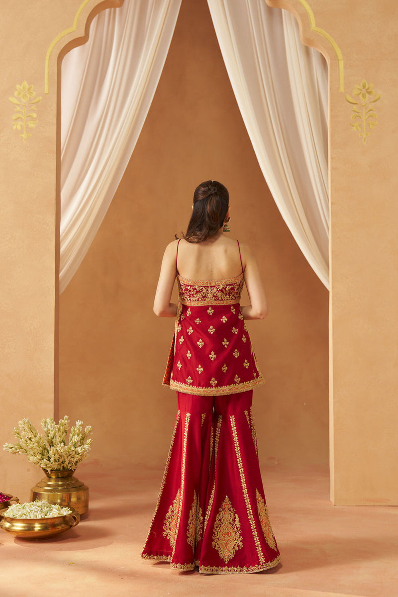 Najma Deep Red Kurta with Garara and Dupatta silk chanderi kurta/kurta set by SHEETAL BATRA in red for women Worldwide