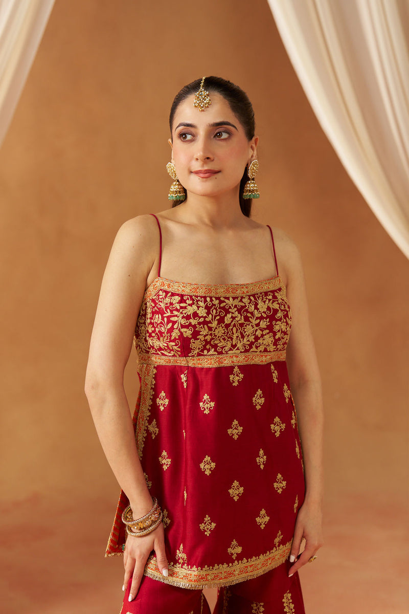 Najma Deep Red Kurta with Garara and Dupatta silk chanderi kurta/kurta set by SHEETAL BATRA in red for women Worldwide