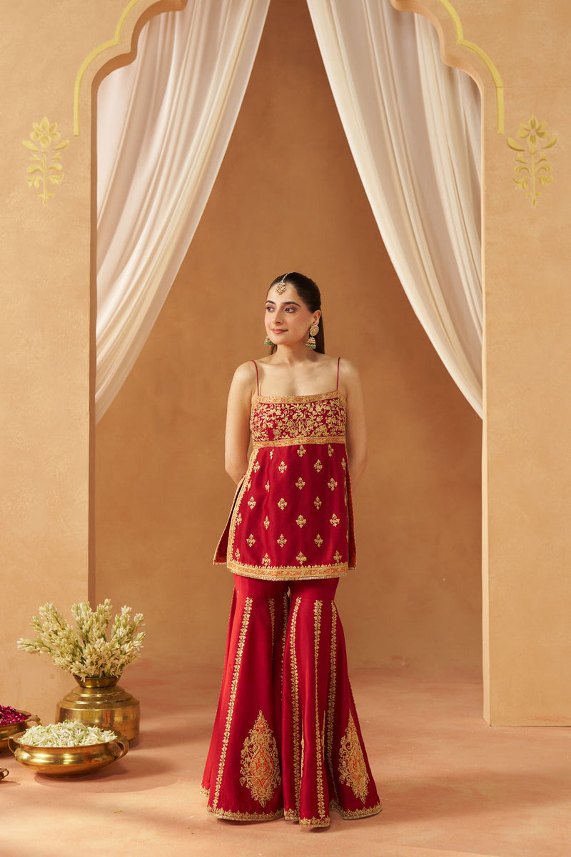 Najma Deep Red Kurta with Garara and Dupatta silk chanderi kurta/kurta set by SHEETAL BATRA in red for women Worldwide