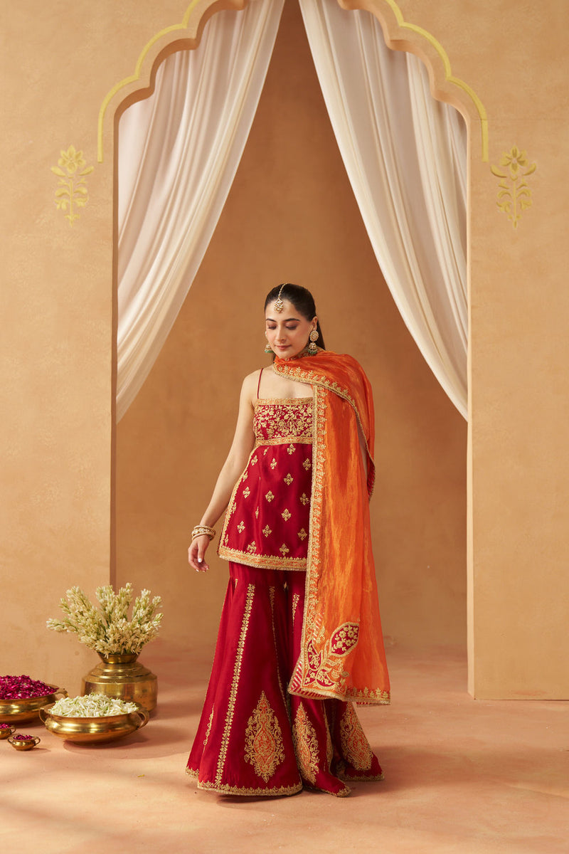 Najma Deep Red Kurta with Garara and Dupatta silk chanderi kurta/kurta set by SHEETAL BATRA in red for women Worldwide