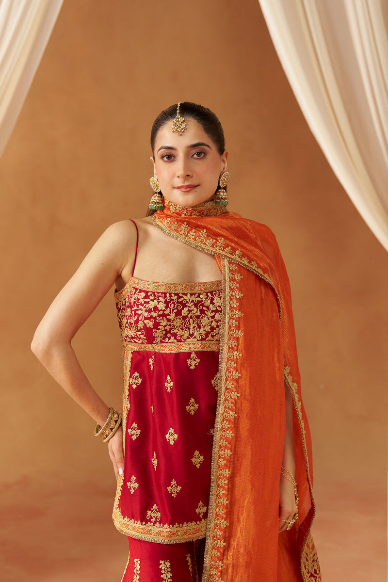Najma Deep Red Kurta with Garara and Dupatta silk chanderi kurta/kurta set by SHEETAL BATRA in red for women Worldwide
