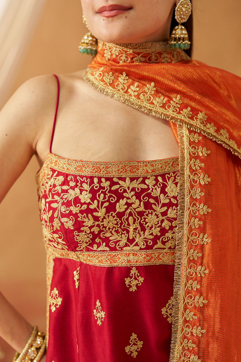 Najma Deep Red Kurta with Garara and Dupatta silk chanderi kurta/kurta set by SHEETAL BATRA in red for women Worldwide