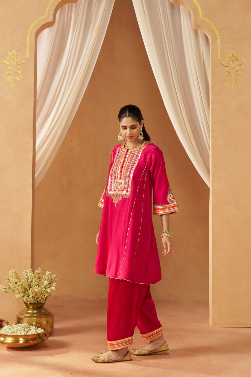Daneen hotpink chauga with salwar silk chanderi kurta/kurta set by SHEETAL BATRA in pink for women Worldwide