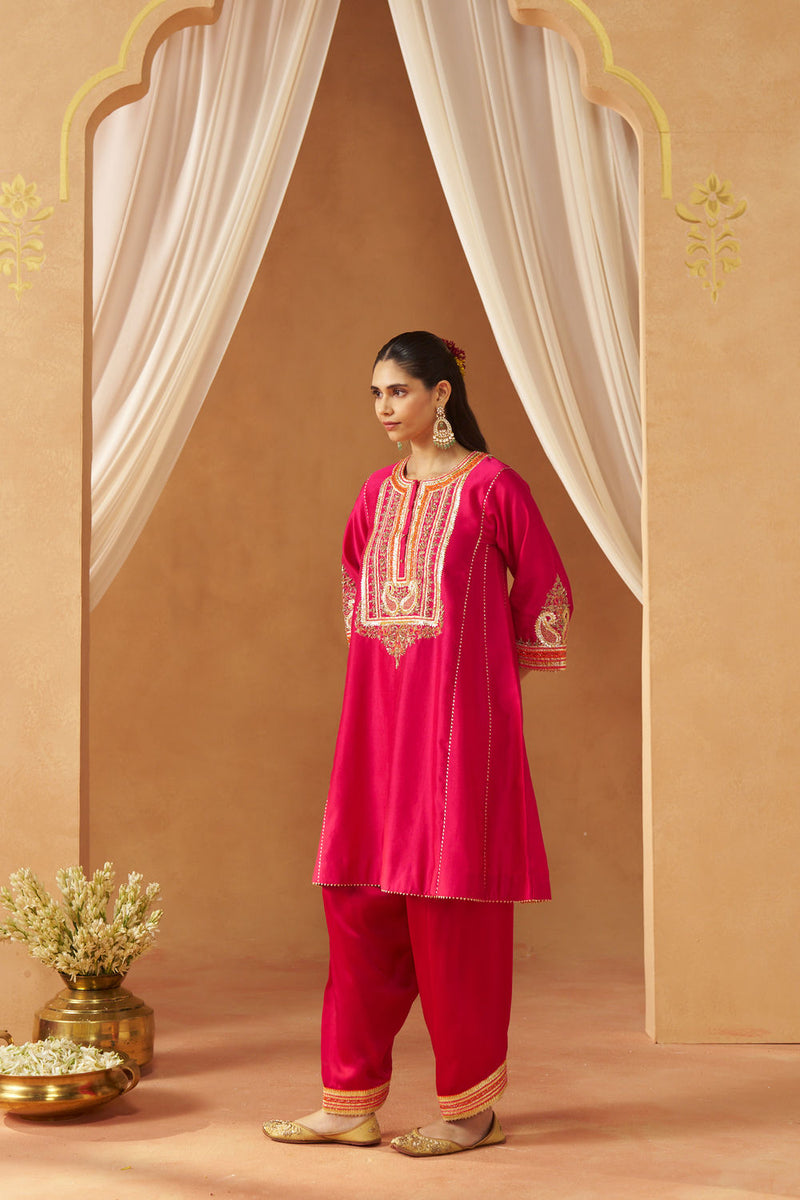 Daneen hotpink chauga with salwar silk chanderi kurta/kurta set by SHEETAL BATRA in pink for women Worldwide