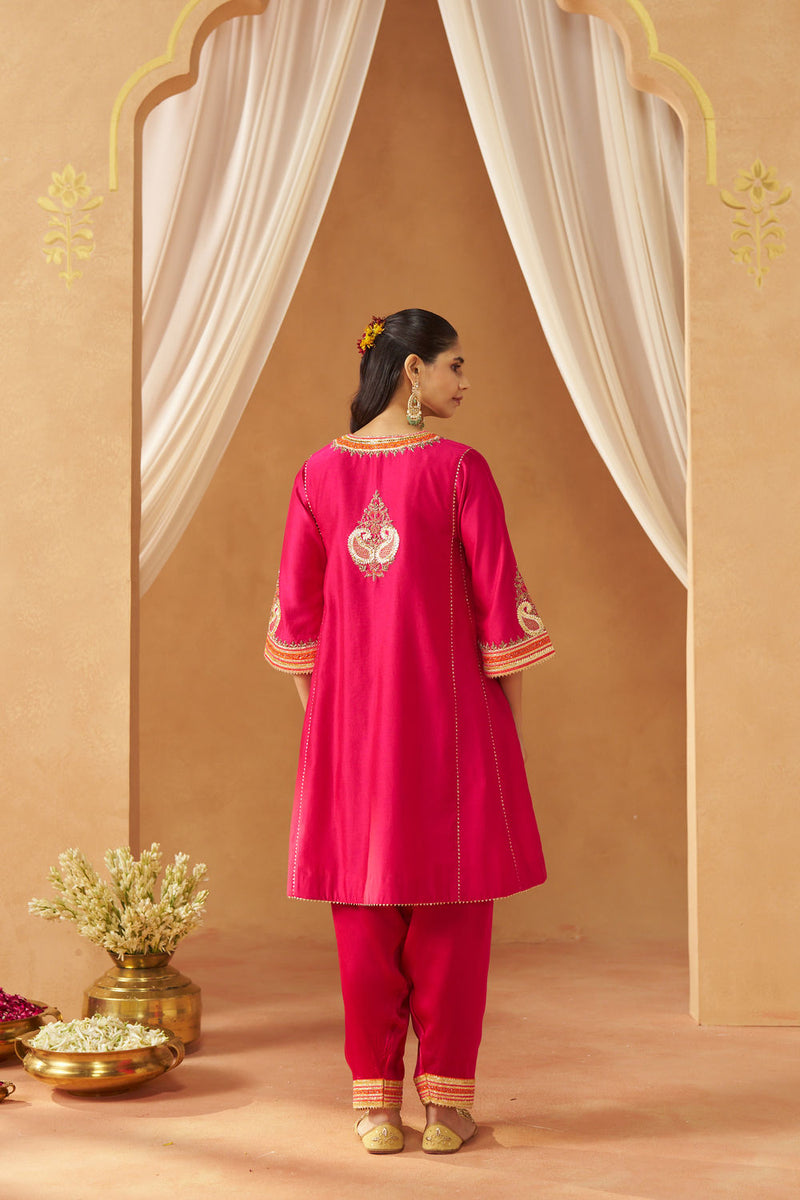 Daneen hotpink chauga with salwar silk chanderi kurta/kurta set by SHEETAL BATRA in pink for women Worldwide