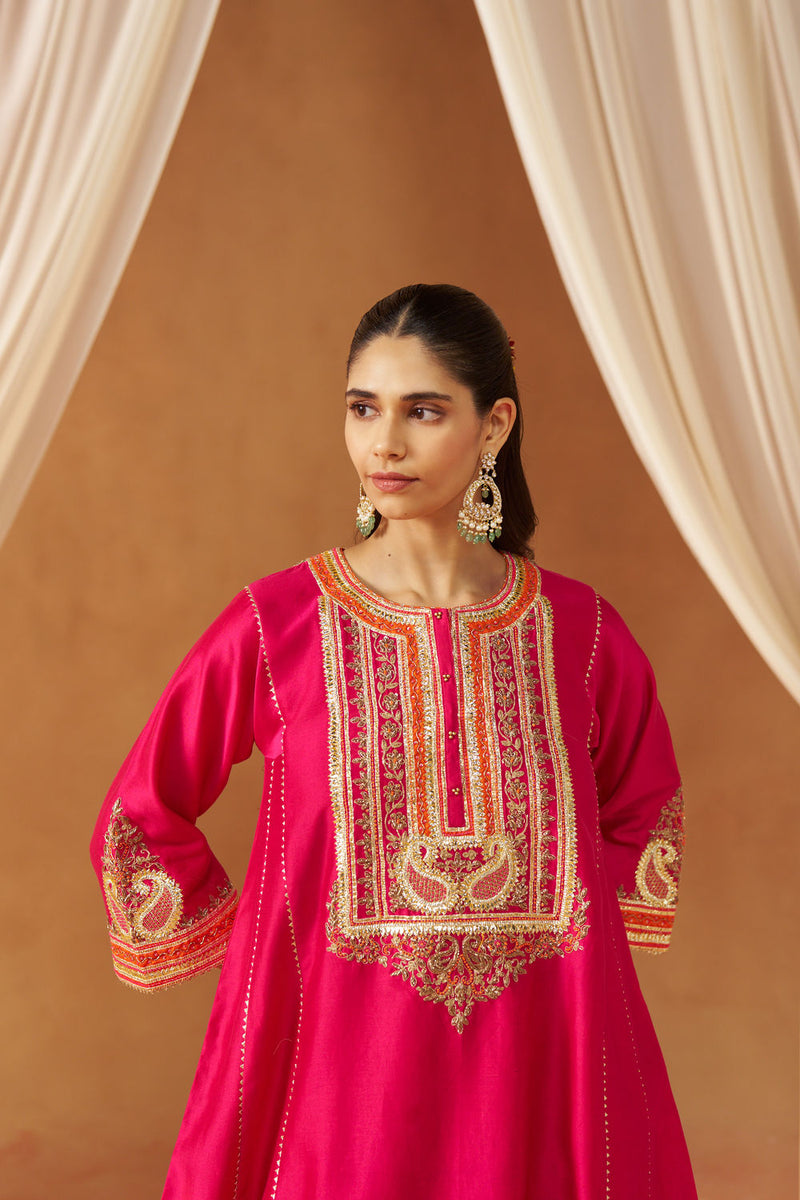 Daneen hotpink chauga with salwar silk chanderi kurta/kurta set by SHEETAL BATRA in pink for women Worldwide